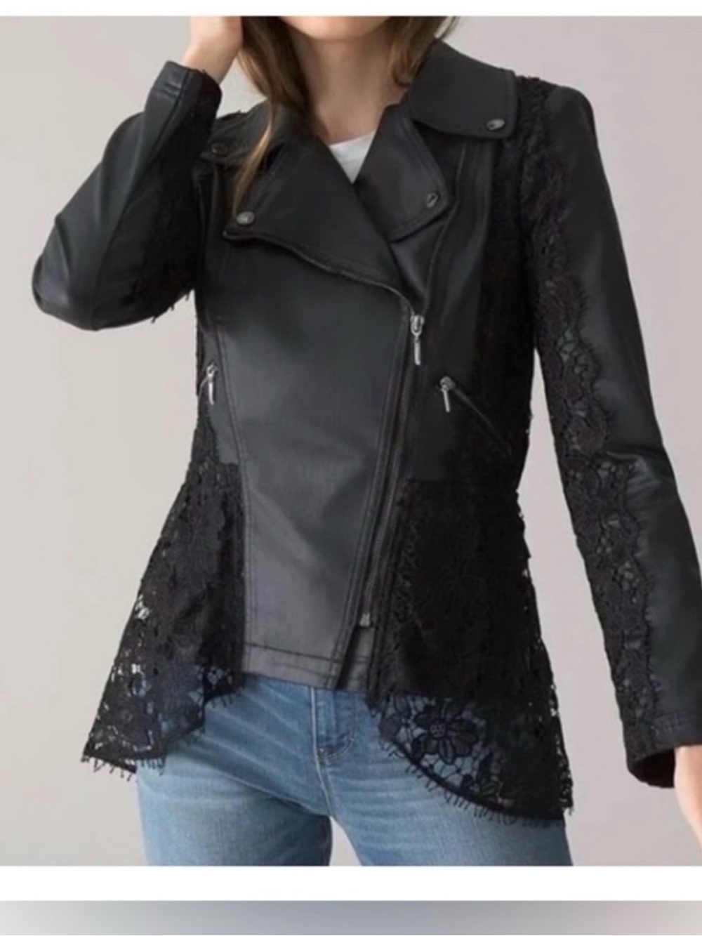 White House Black Market Black Leather and lace Moto Jacket